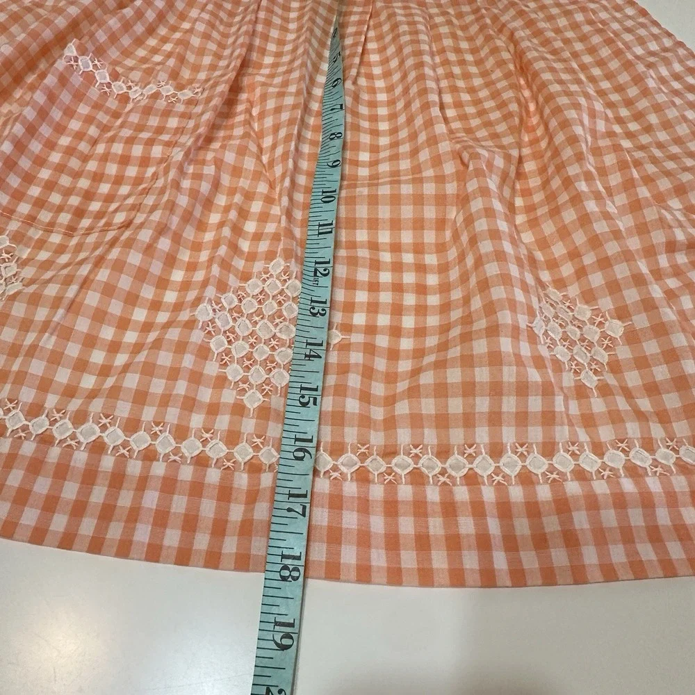 Vintage Gingham Check Half Waist Apron Embroidered Peach Cottagecore Trad‎ Wife